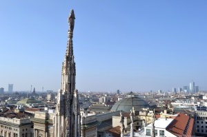 Panoramic view to the city from the roof of the Milan Duomo 