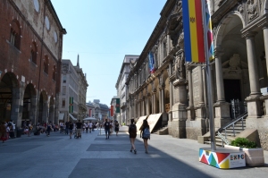 Nadia Mikushova. A view to the Mercanti street and Cordusio square in Milan.