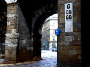 Nadia Mikushova. A view to a part of the Milan ancient city wall - the Porta Nuova Arch constructed in the XIIth century.