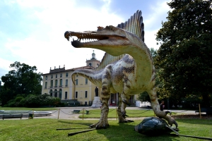 Nadia Mikushova. A sculpture of a spinosauro in the Idro Montanelli Gardens.