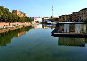 Nadia Mikushova. A panoramic view to the Darsena dock in Milan.