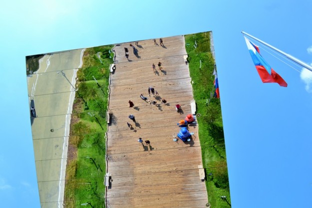 Nadia Mikushova. A reflection view to the entrance part of the Russian EXPO Milano 2015  pavilion.s